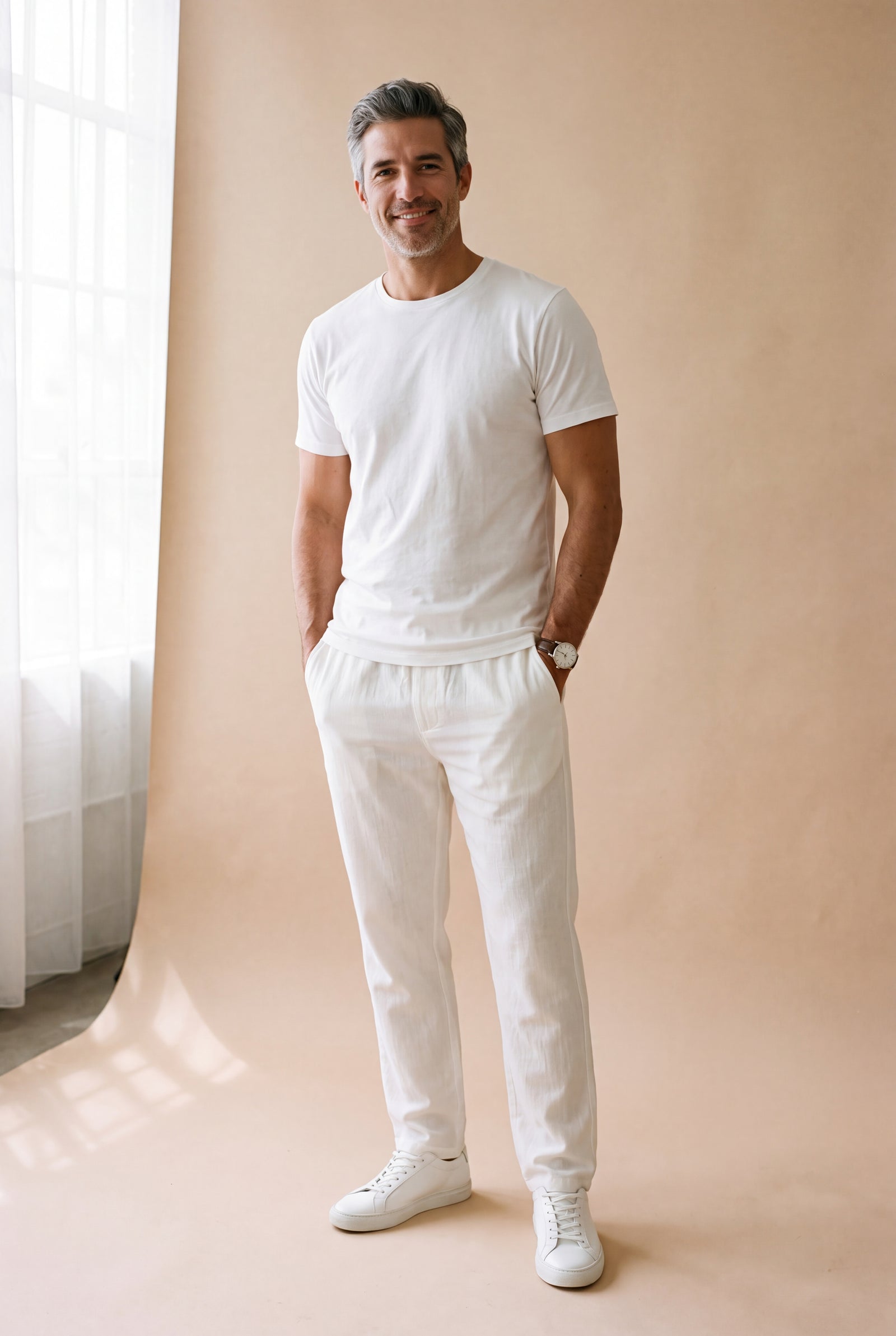 Men Pants Slim Fit Elastic Waist in White — studio fullbody