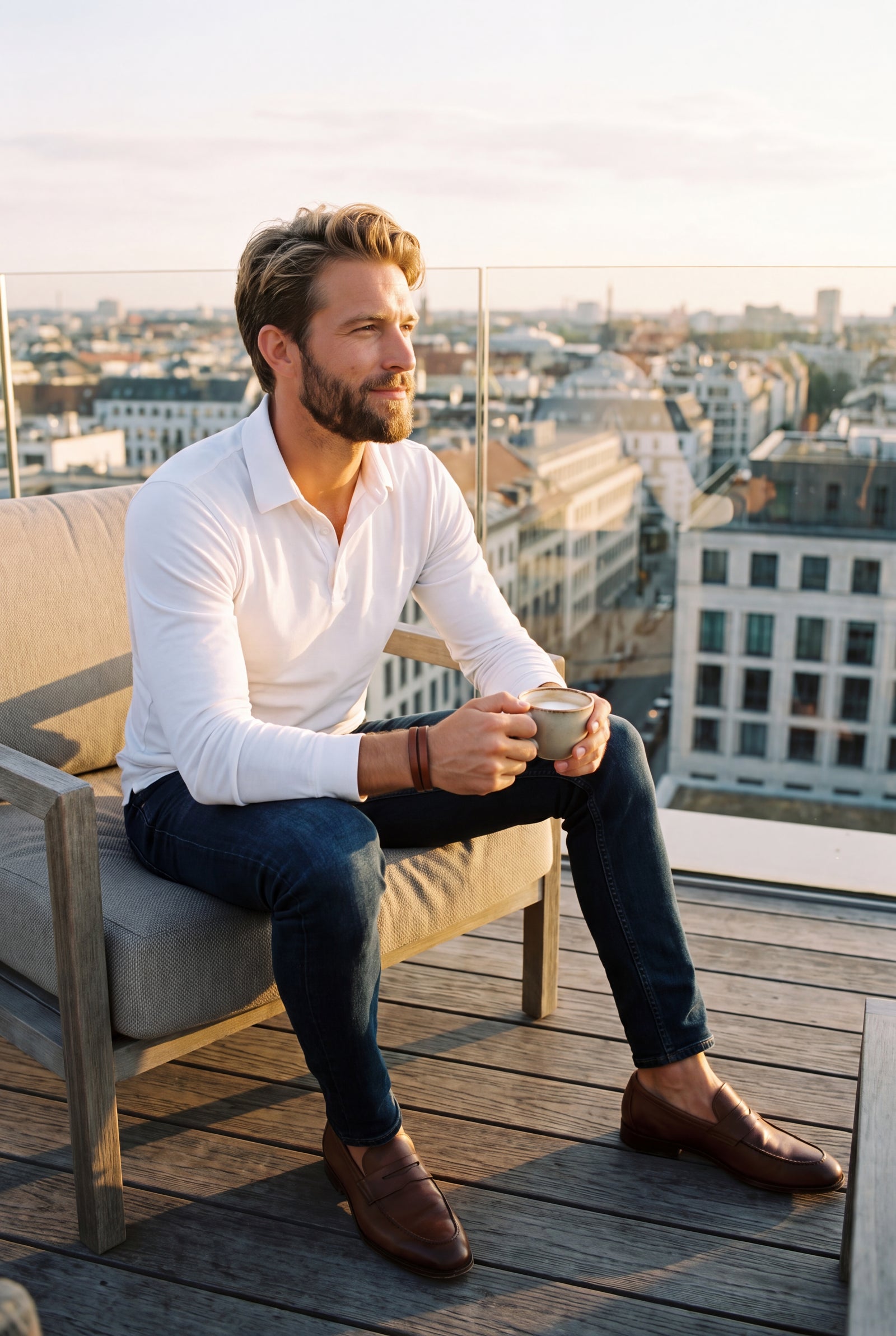 Men Polo Shirt Long Sleeve Slim Fit in White — lifestyle evocative