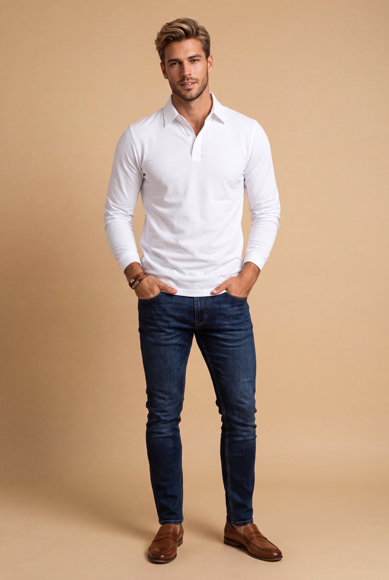 Men Polo Shirt Long Sleeve Slim Fit in White — studio primary