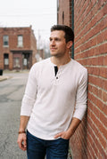 Men's Henley Shirt Long Sleeve Button Placket in White — lifestyle relatable