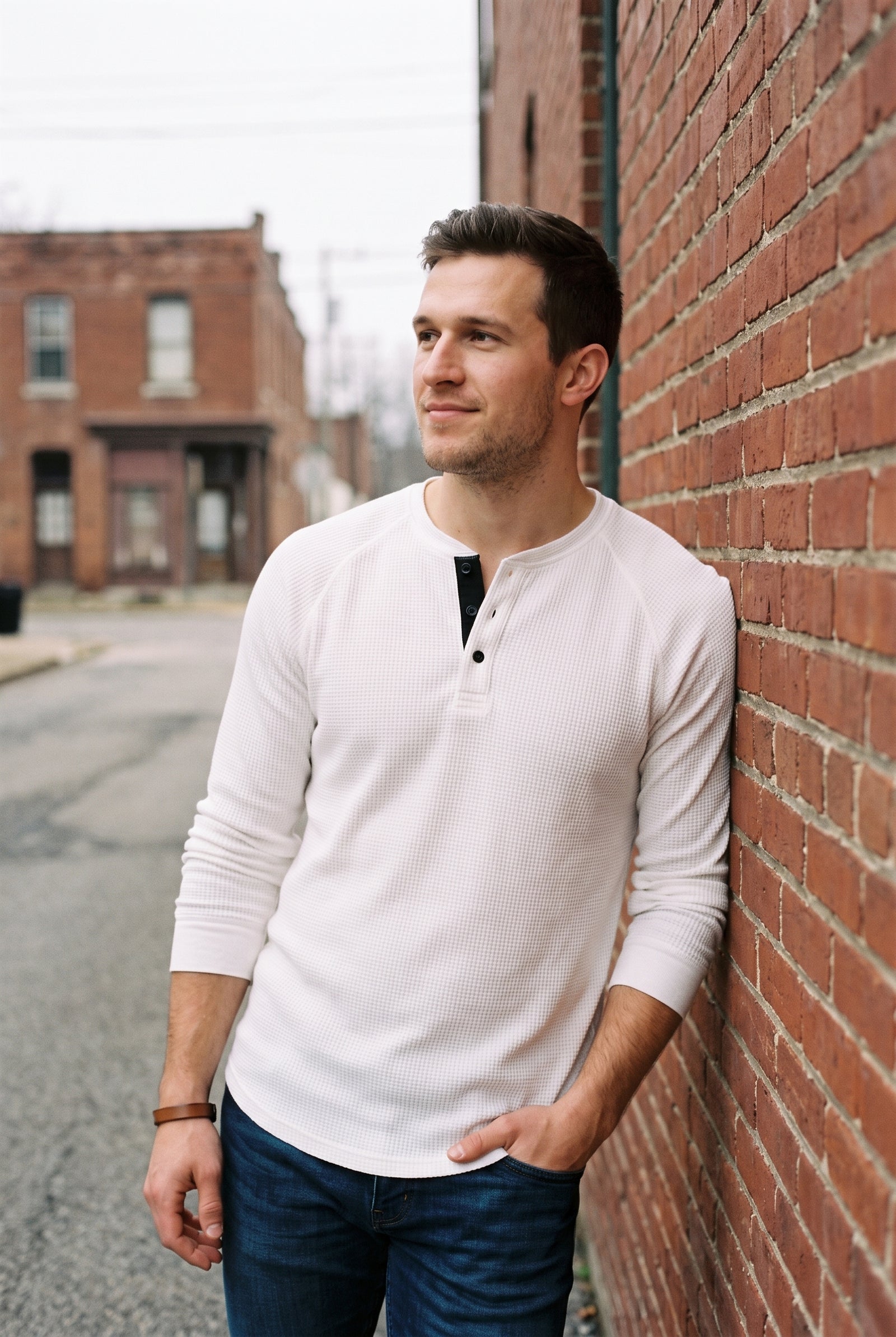 Men's Henley Shirt Long Sleeve Button Placket in White — lifestyle relatable