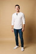 Men's Henley Shirt Long Sleeve Button Placket in White — studio main