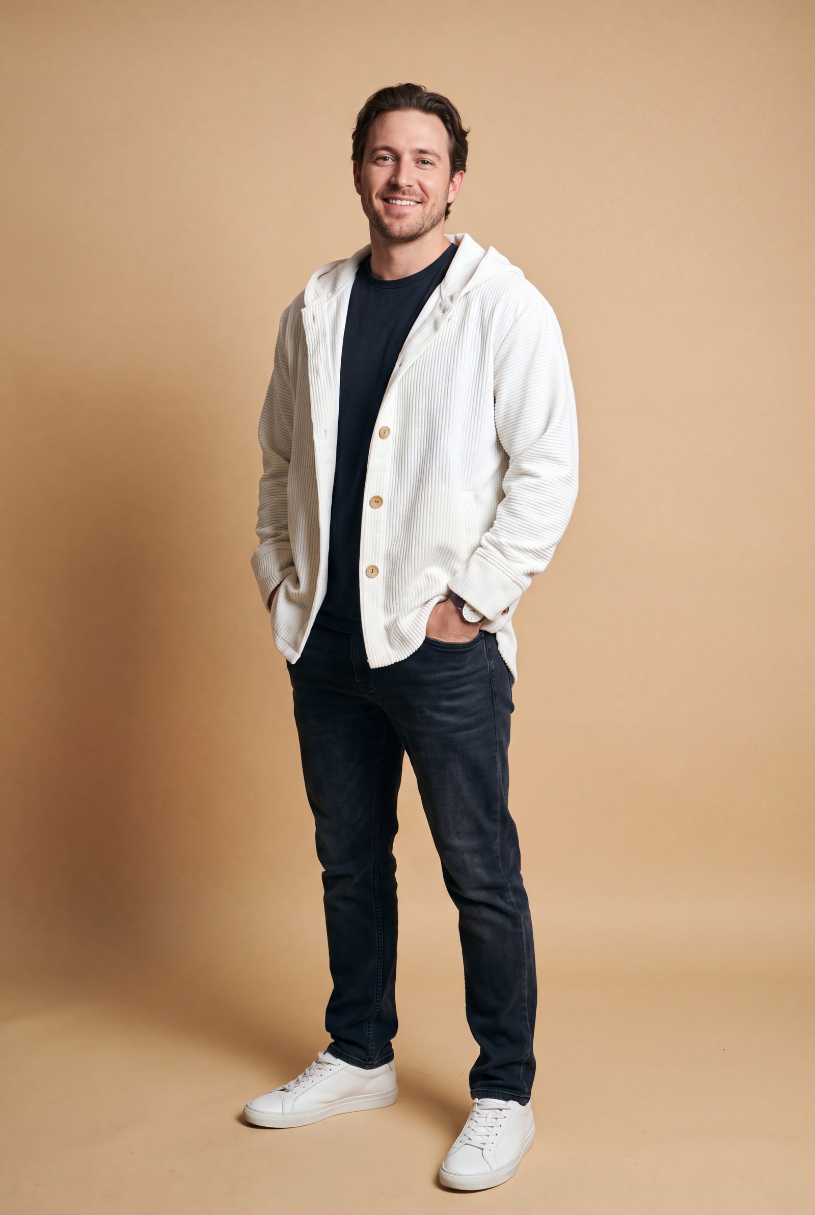 Men's Hoodie Jacket Relaxed Fit in White — studio shot