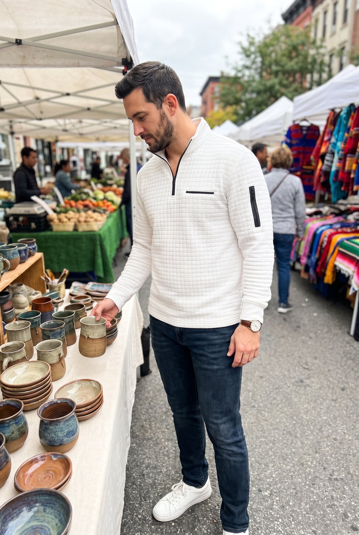 Men's Sweater Long Sleeve Waffle in White — lifestyle shot