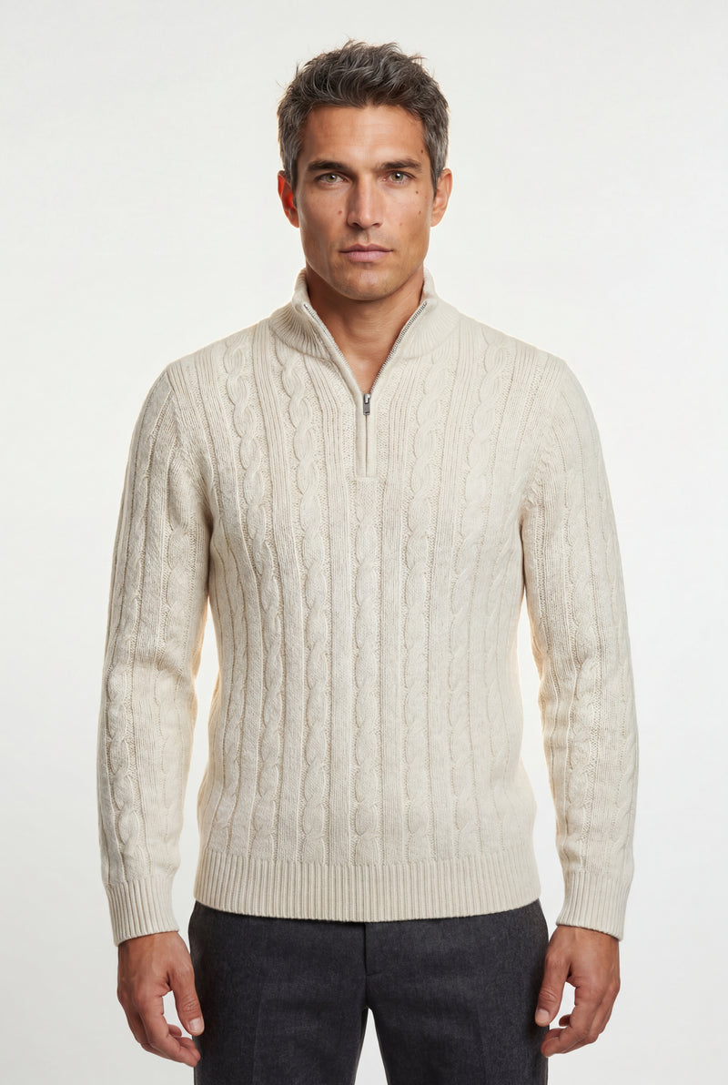 White Men's Cable Mock Neck Half Zip Sweater - Mock neck sweater - Photo 4