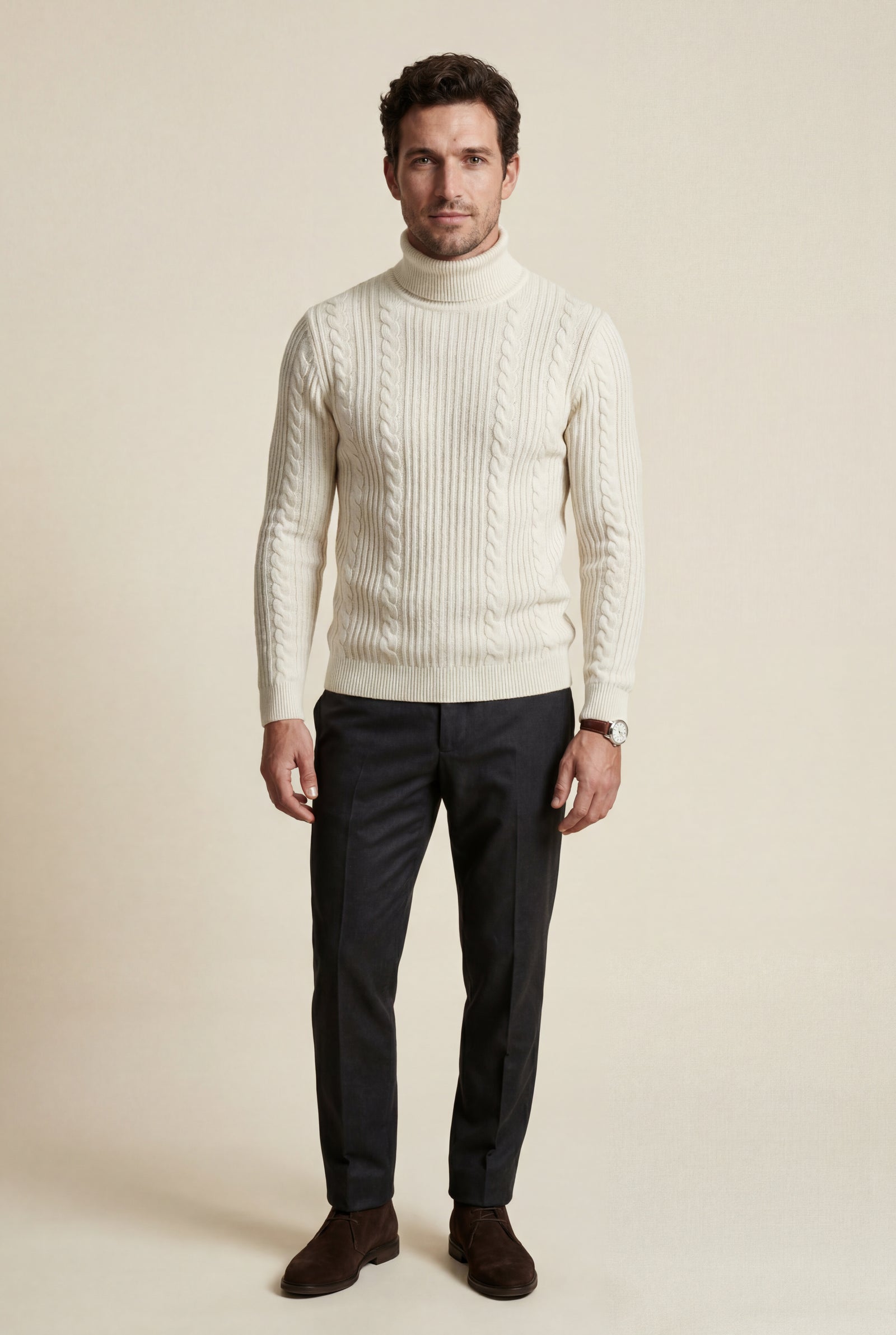 White Men's Cable Turtleneck Slim Fit Sweater - Turtleneck sweater - Photo 16