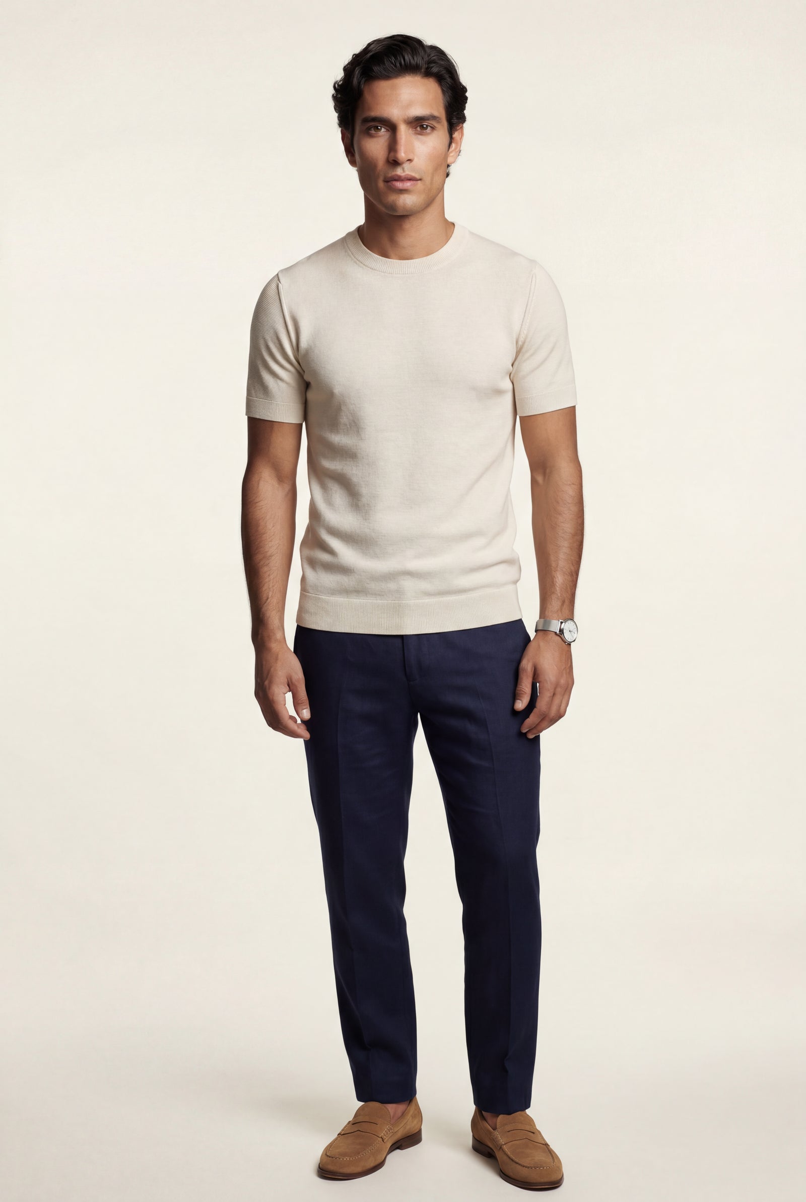 White Men's Slim Fit Knitted Short Sleeve T-Shirt - Slim fit t-shirts - Photo 6