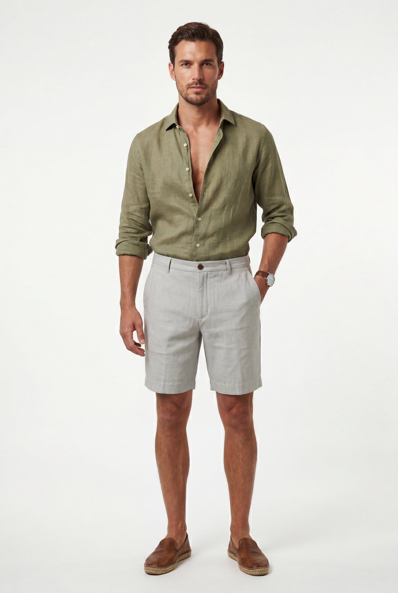 White Men's Tailored Above-Knee Casual Shorts with Belt Loops - Photo 13