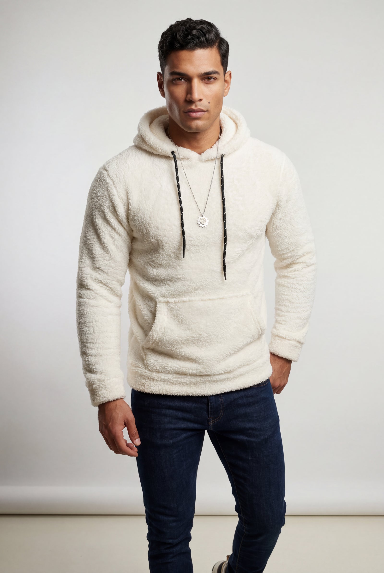 White Modern Fit Plush Hoodie with Kangaroo Pocket - Modern fit hoodie - Photo 8