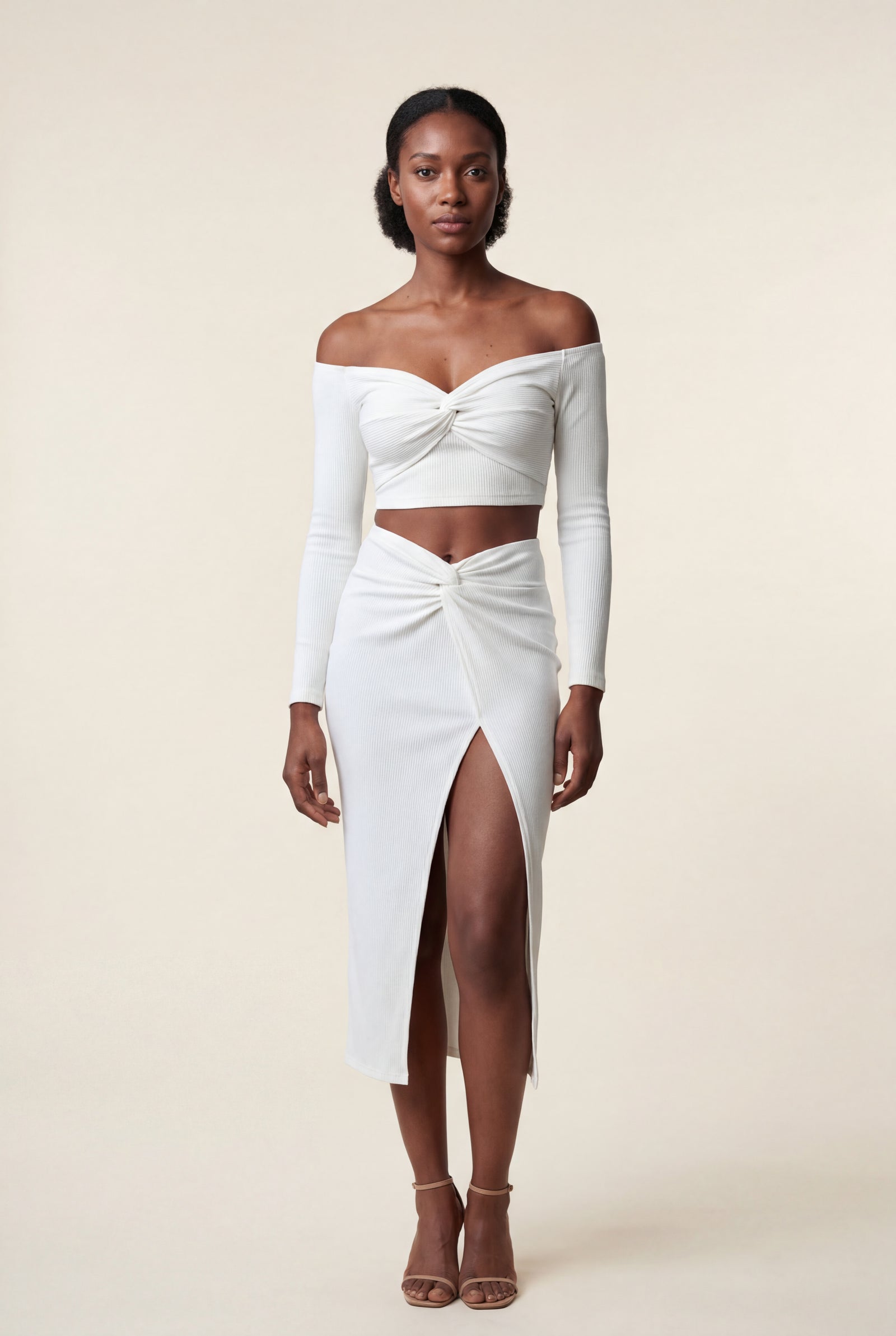White Off-shoulder Twist-front Crop Top and High-slit Midi Skirt Set - Crop top and skirt - Photo 1