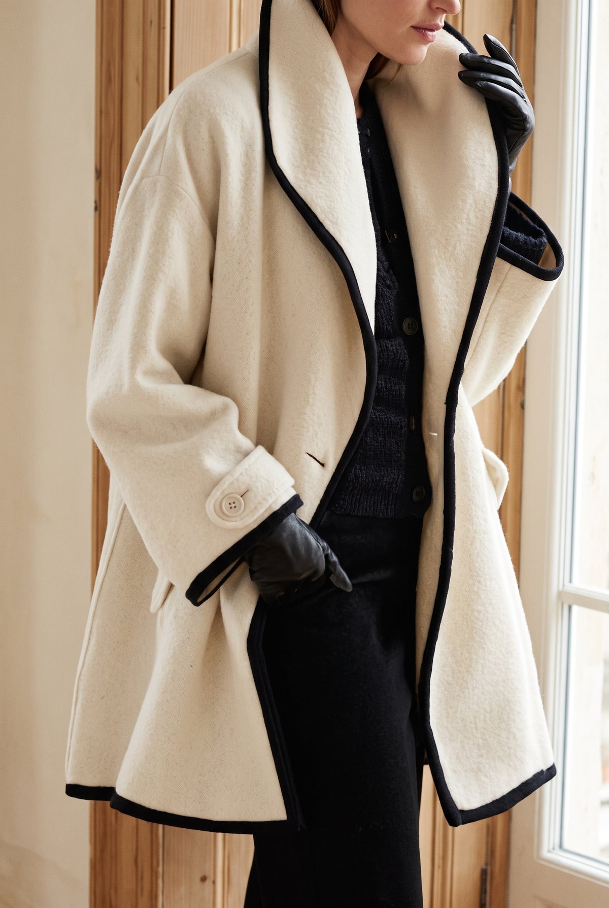 Open-Front Wool Coat in White — studio front