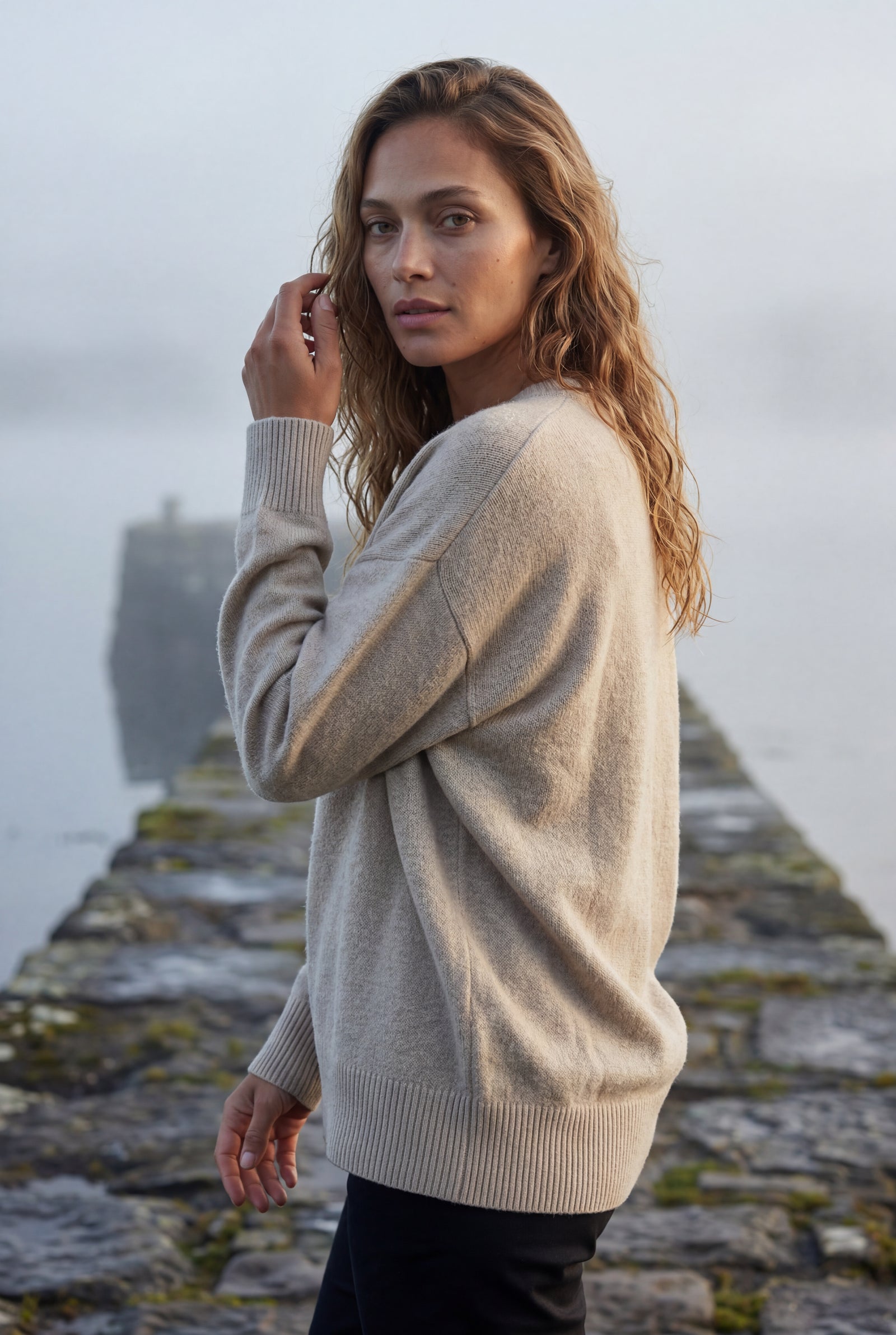 Beige Oversized Crewneck Sweater with Dropped Shoulders - Oversized sweater - Photo 15
