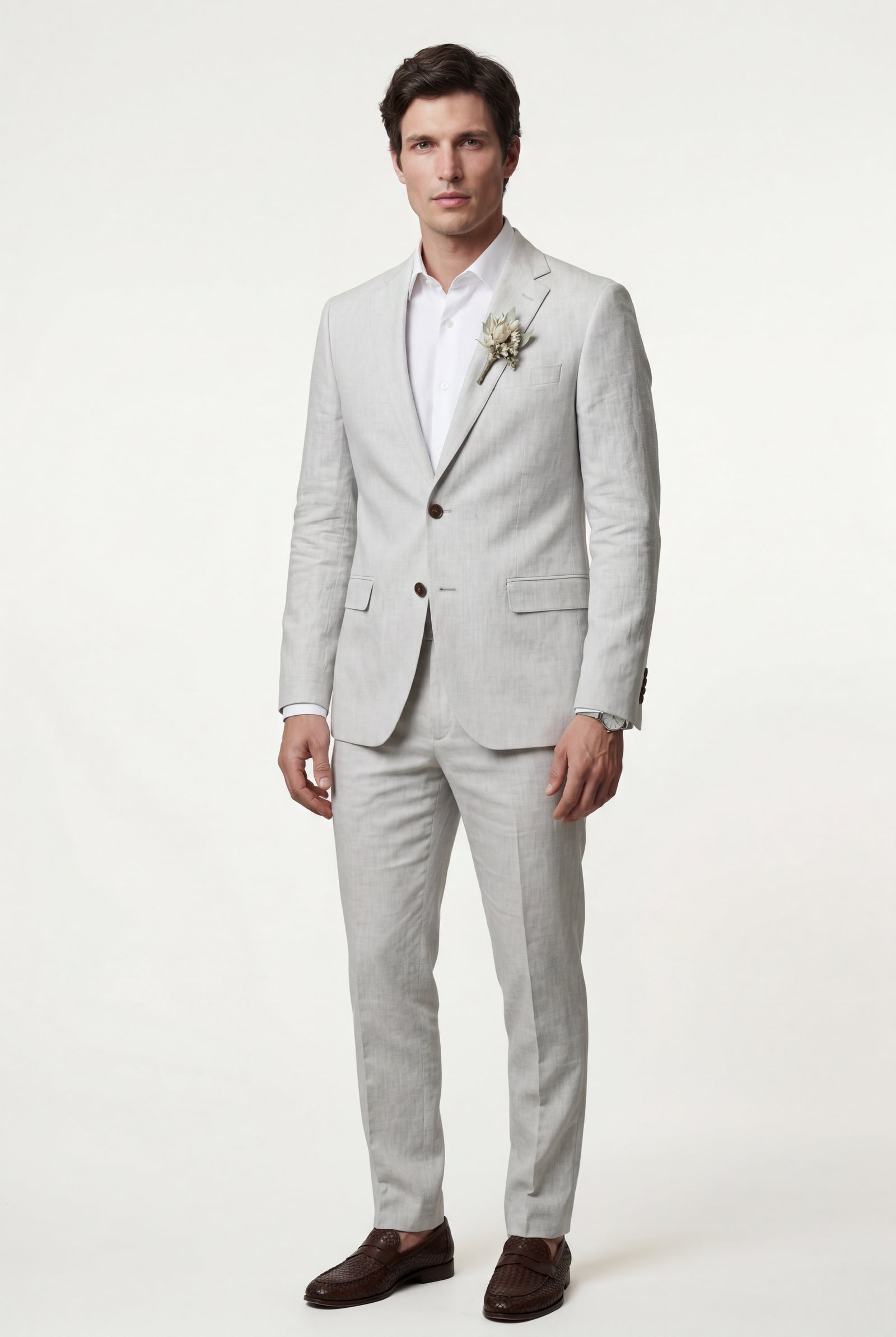 White Pastel Slim Fit Two-piece Suit with Notched Lapel - Two-piece suits - Photo 3