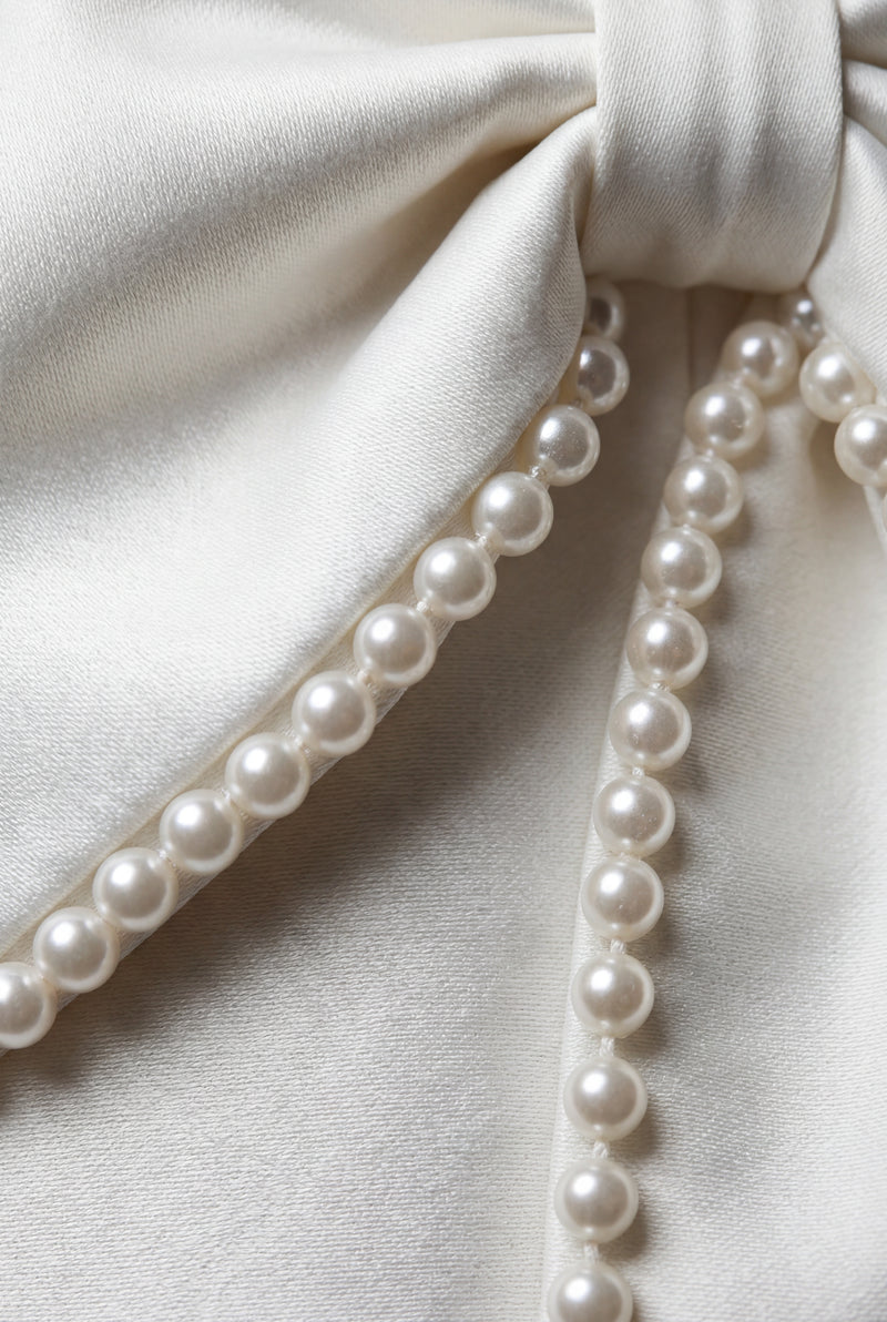 White Pearl-trim Bow-back Fitted Mini Dress - Photo 4