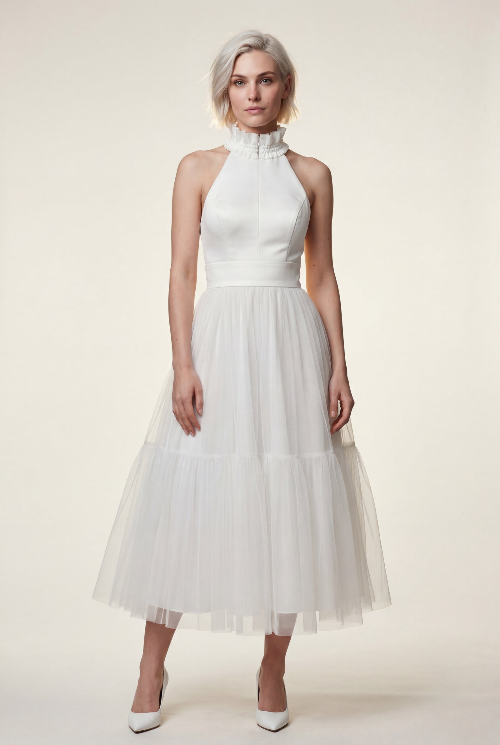 White Pleated Halter Neck Midi Dress with Open Back Detail - Halter neck dress - Photo 9