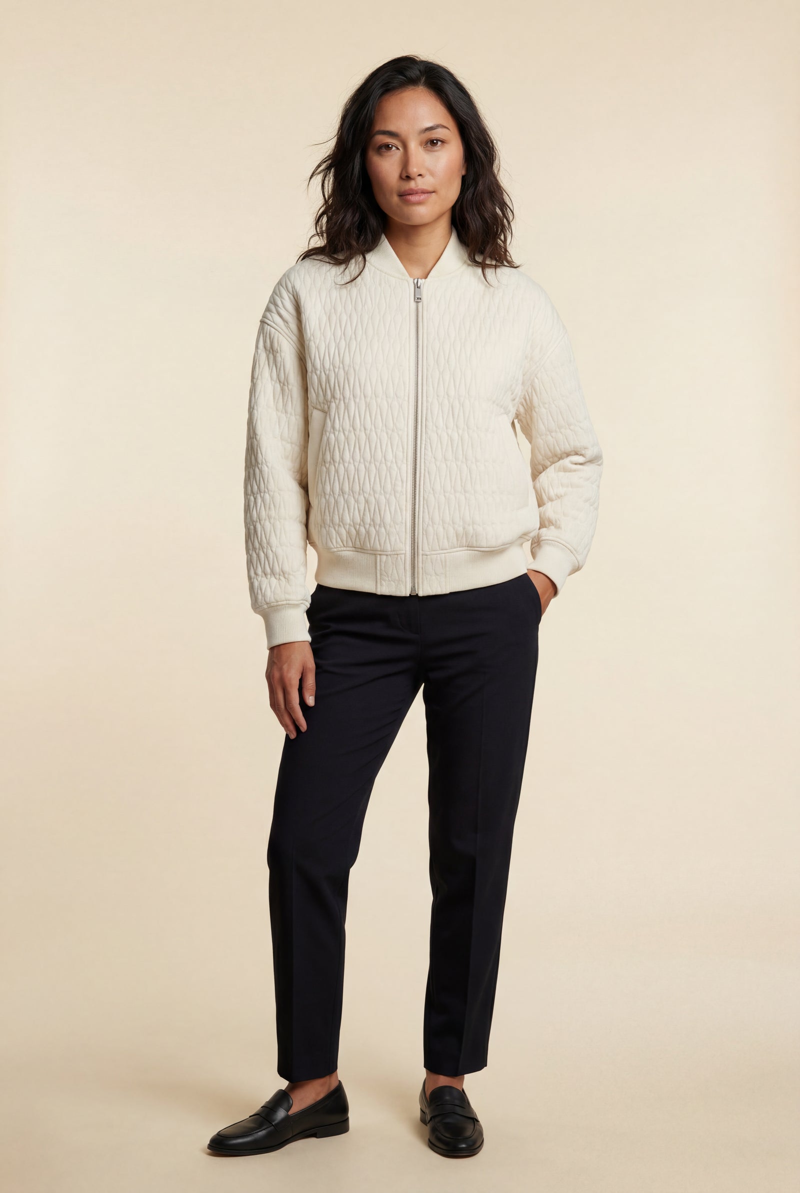 White Quilted Bomber Jacket with Ribbed Trim - Photo 1