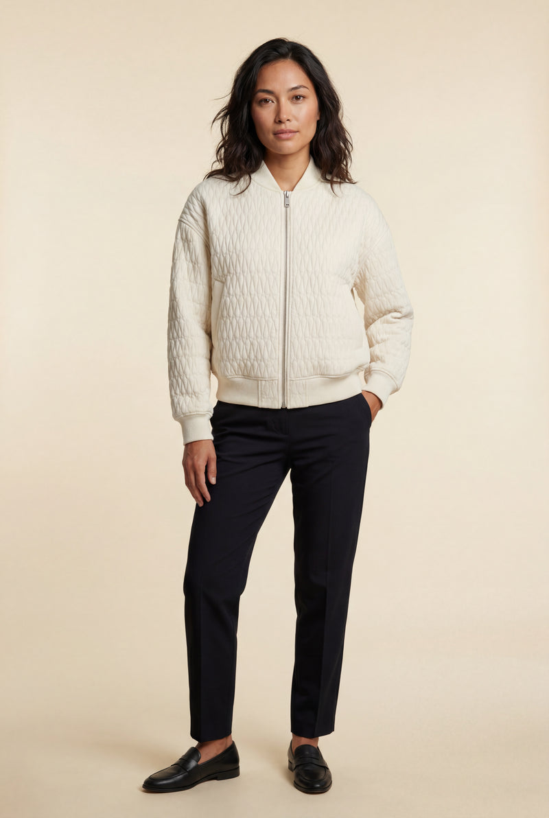 White Quilted Bomber Jacket with Ribbed Trim - Photo 1