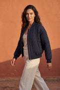 Navy Blue Quilted Bomber Jacket with Ribbed Trim - Photo 10