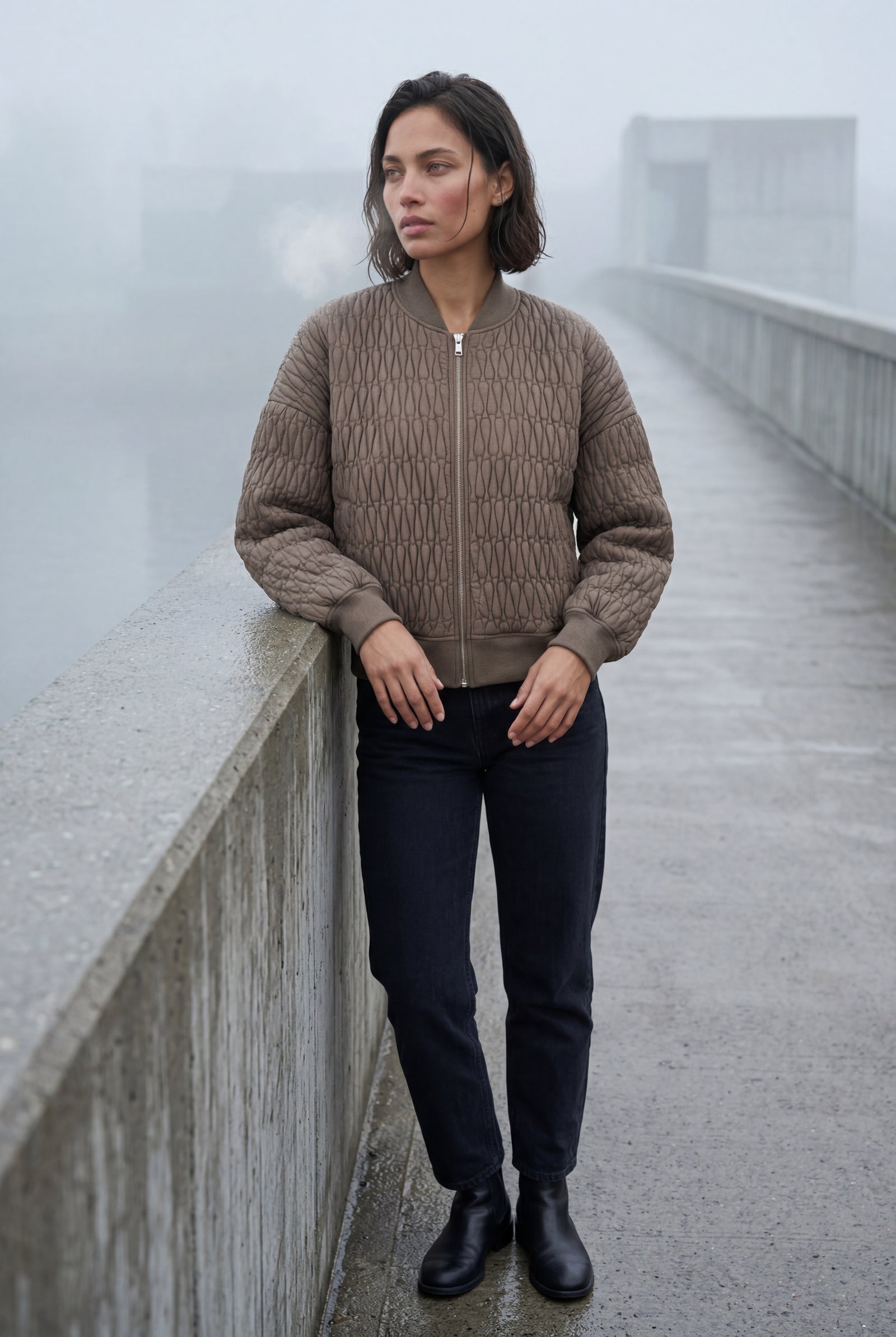 Coffee Quilted Bomber Jacket with Ribbed Trim - Photo 11