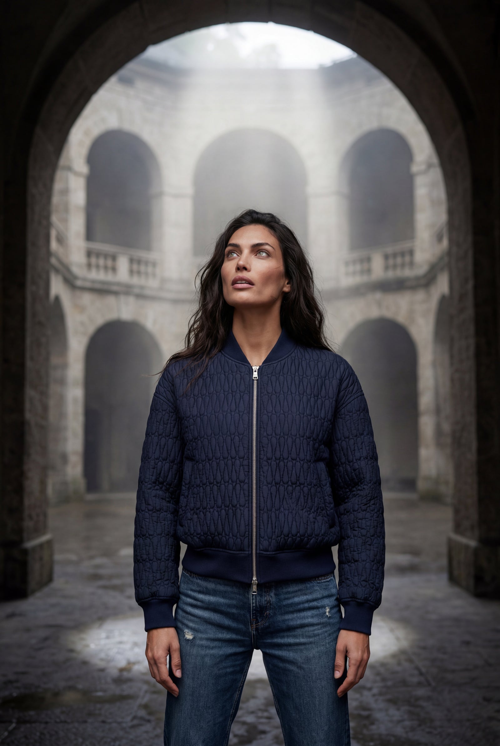 Navy Blue Quilted Bomber Jacket with Ribbed Trim - Photo 13