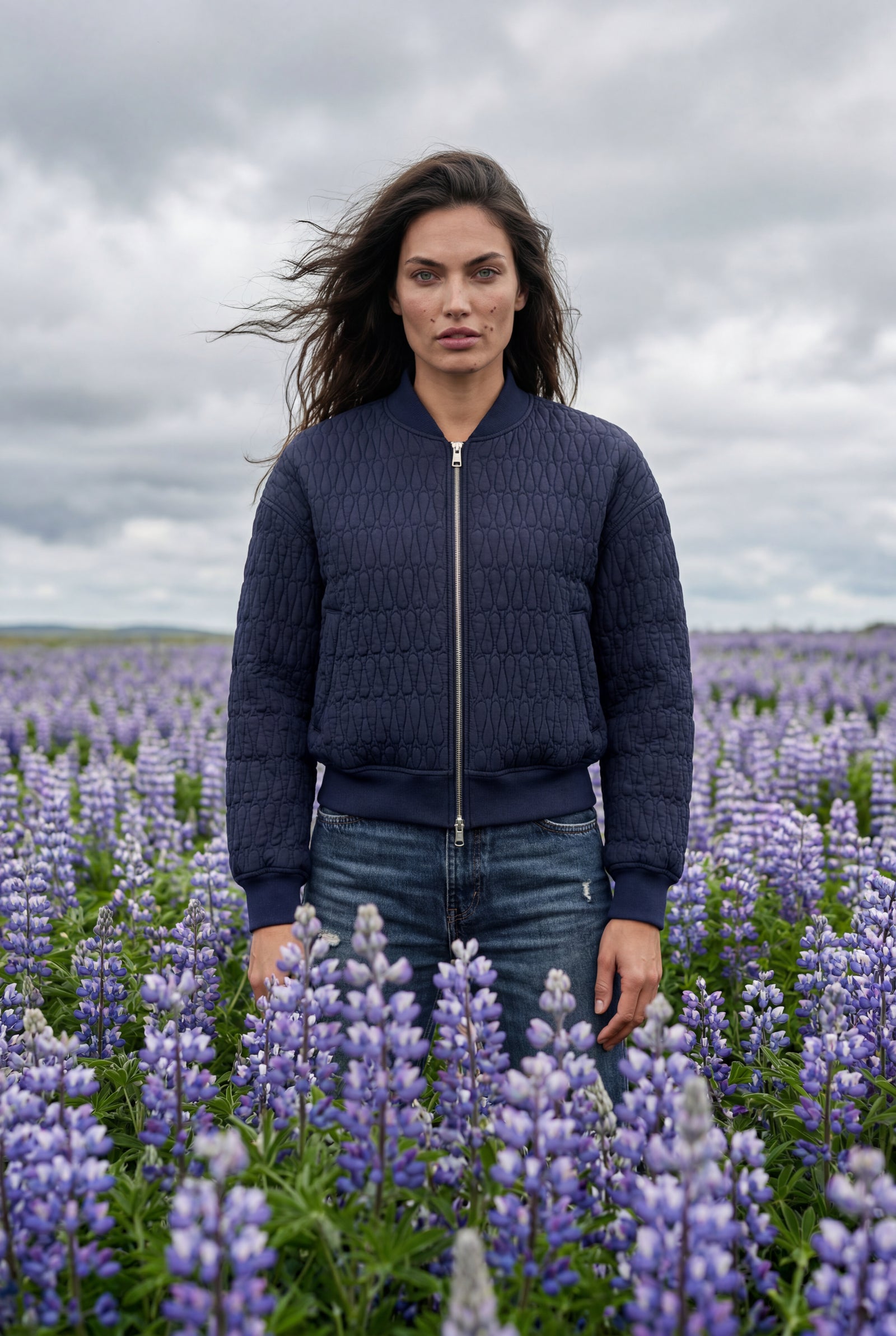 Navy Blue Quilted Bomber Jacket with Ribbed Trim - Photo 16