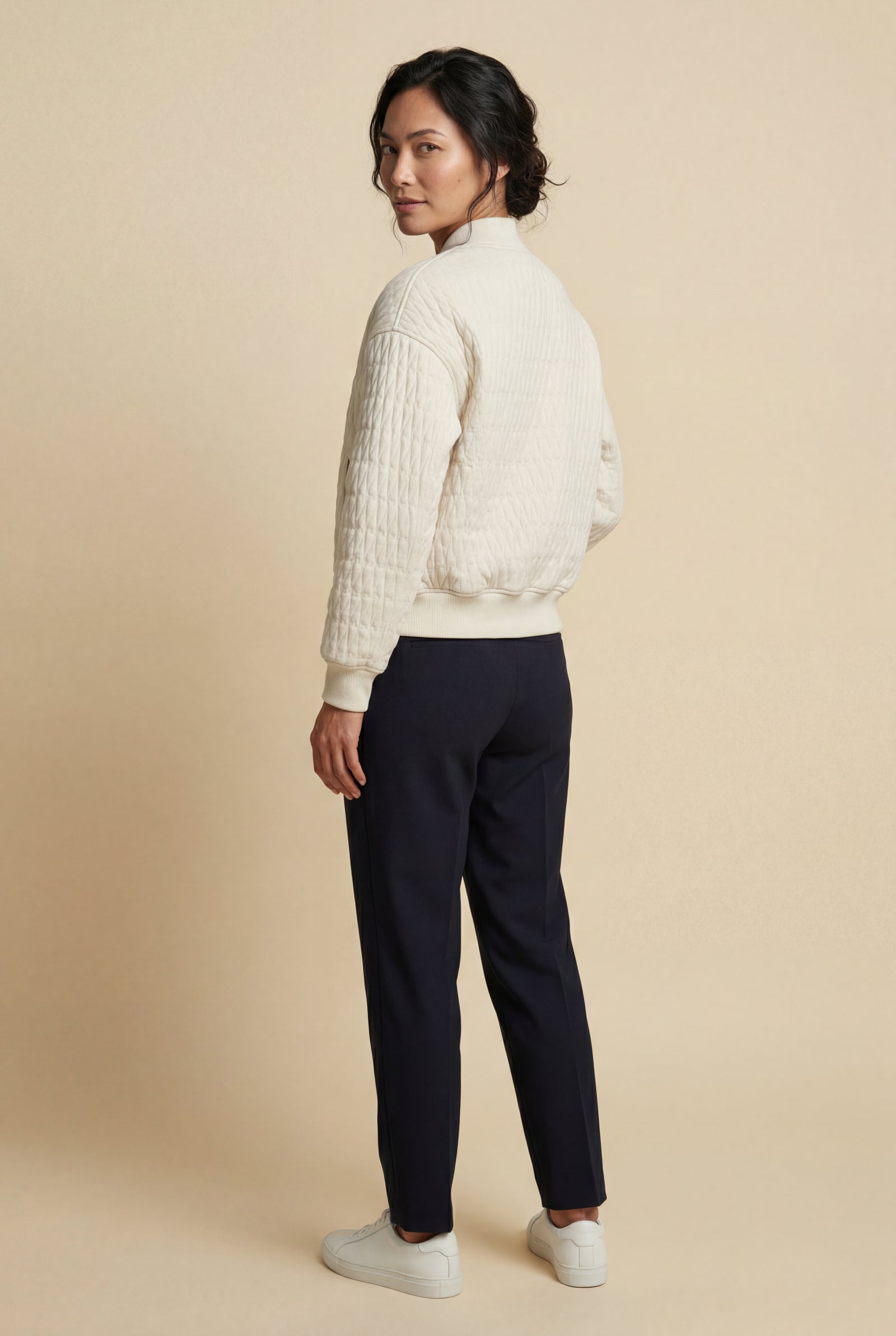 White Quilted Bomber Jacket with Ribbed Trim - Photo 2