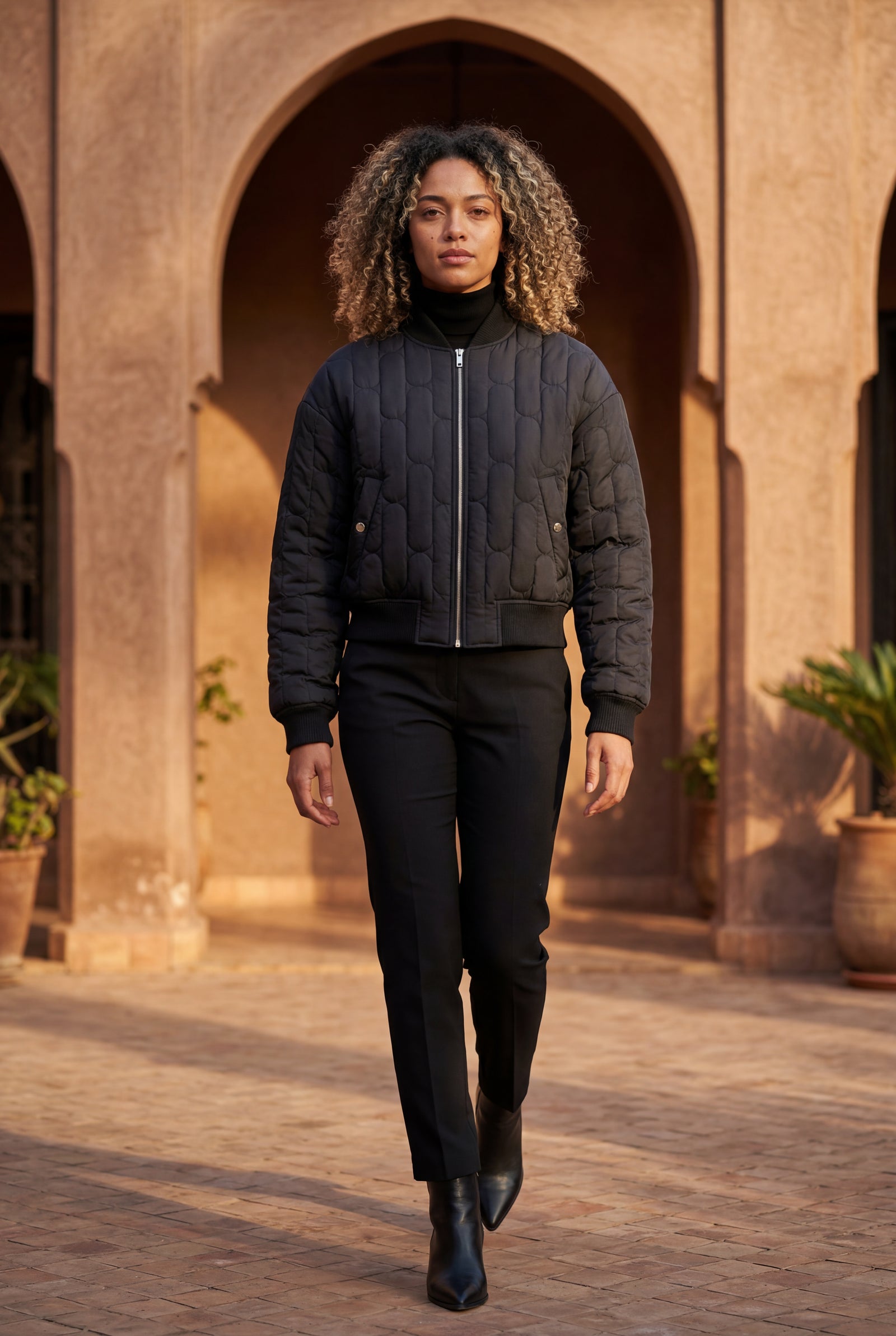 Black Quilted Bomber Jacket with Ribbed Trim - Photo 9