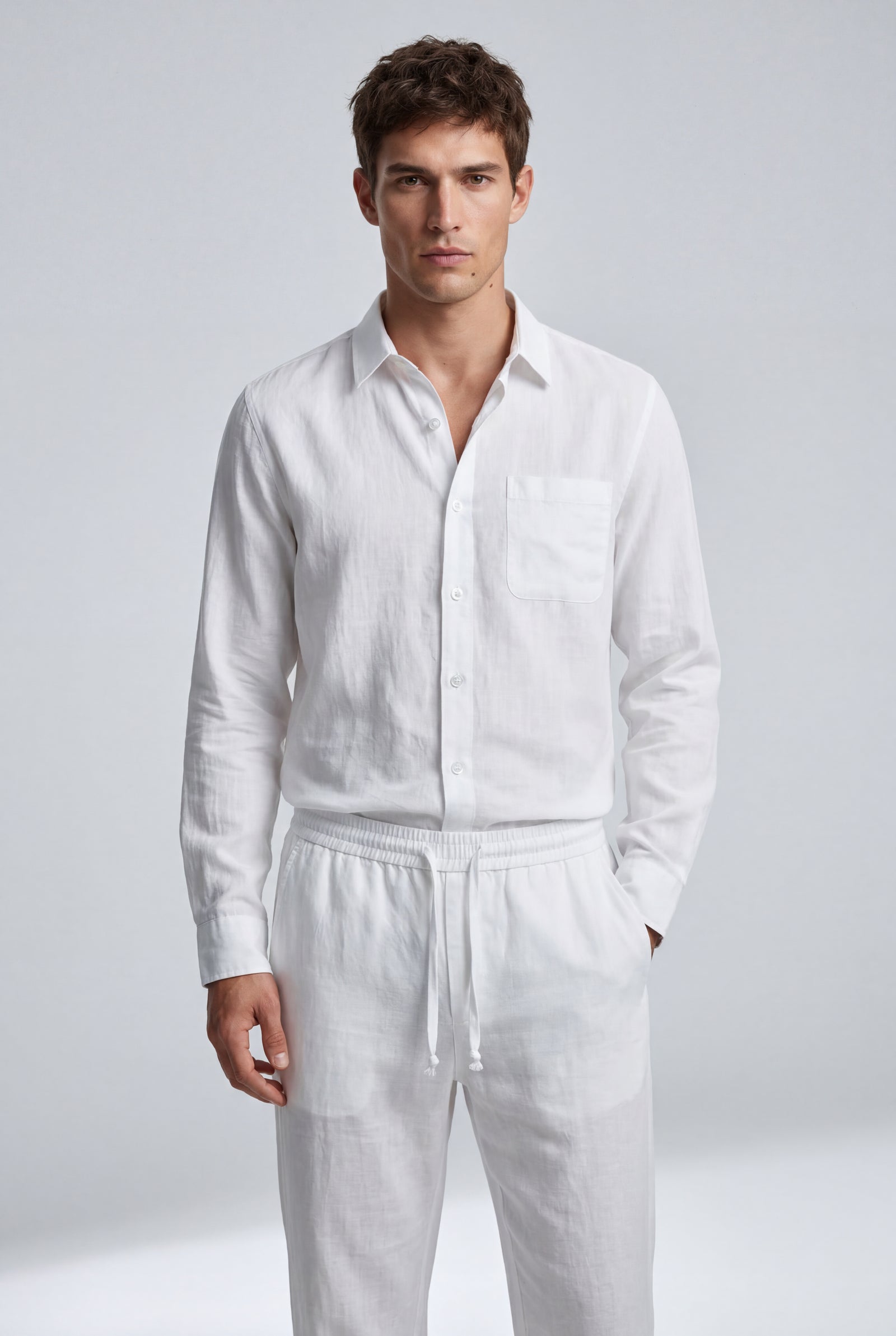 White Relaxed Button-down Shirt and Drawstring Trouser Set - Shirt set - Photo 7