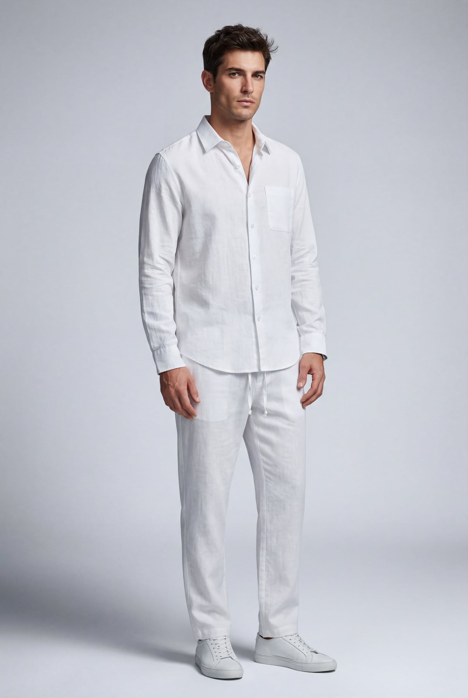 White Relaxed Long-sleeve Shirt and Drawstring Pants Set - Photo 10