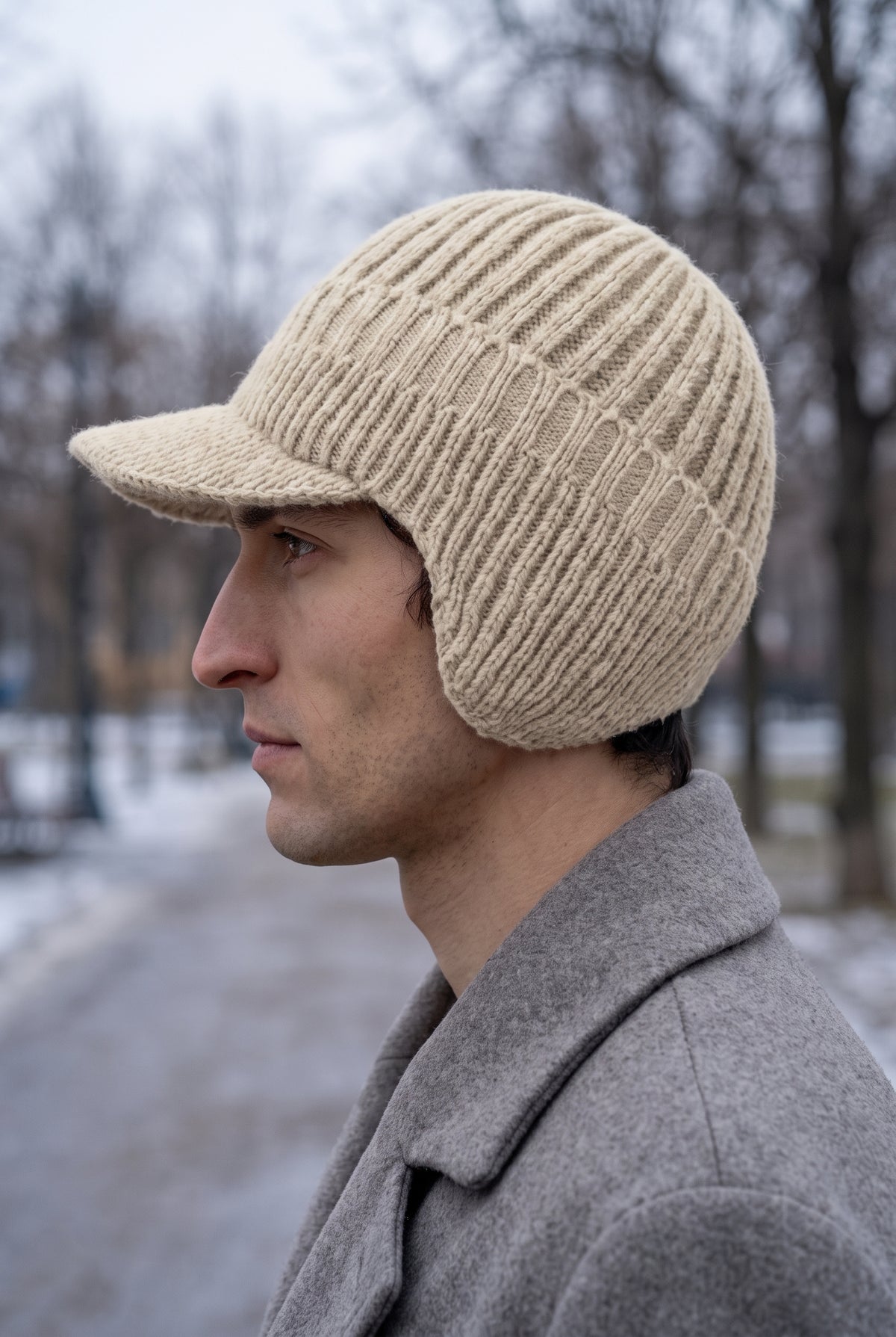 Rib Knit Earflap Beanie in White — studio angle