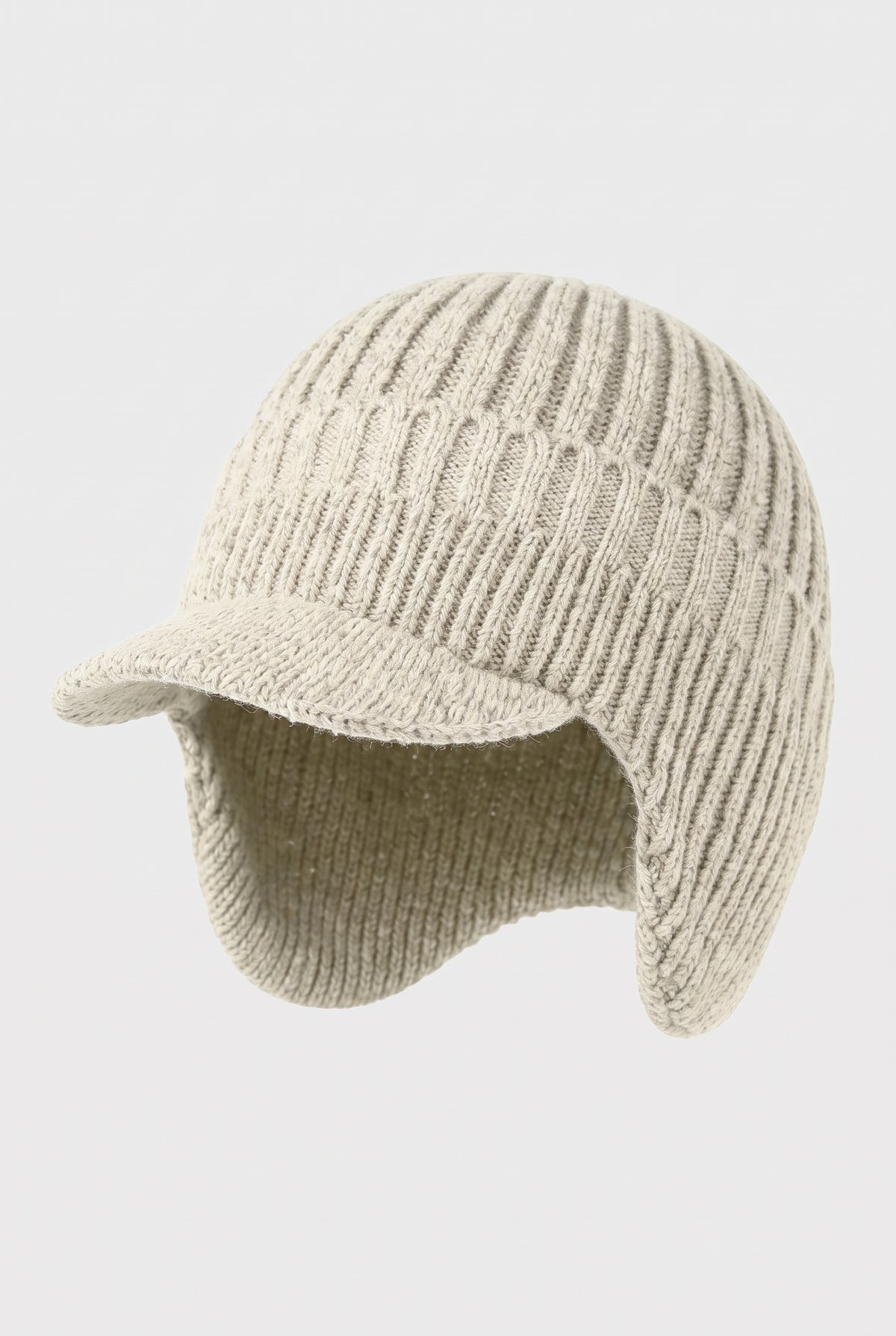 Rib Knit Earflap Beanie in White — studio front