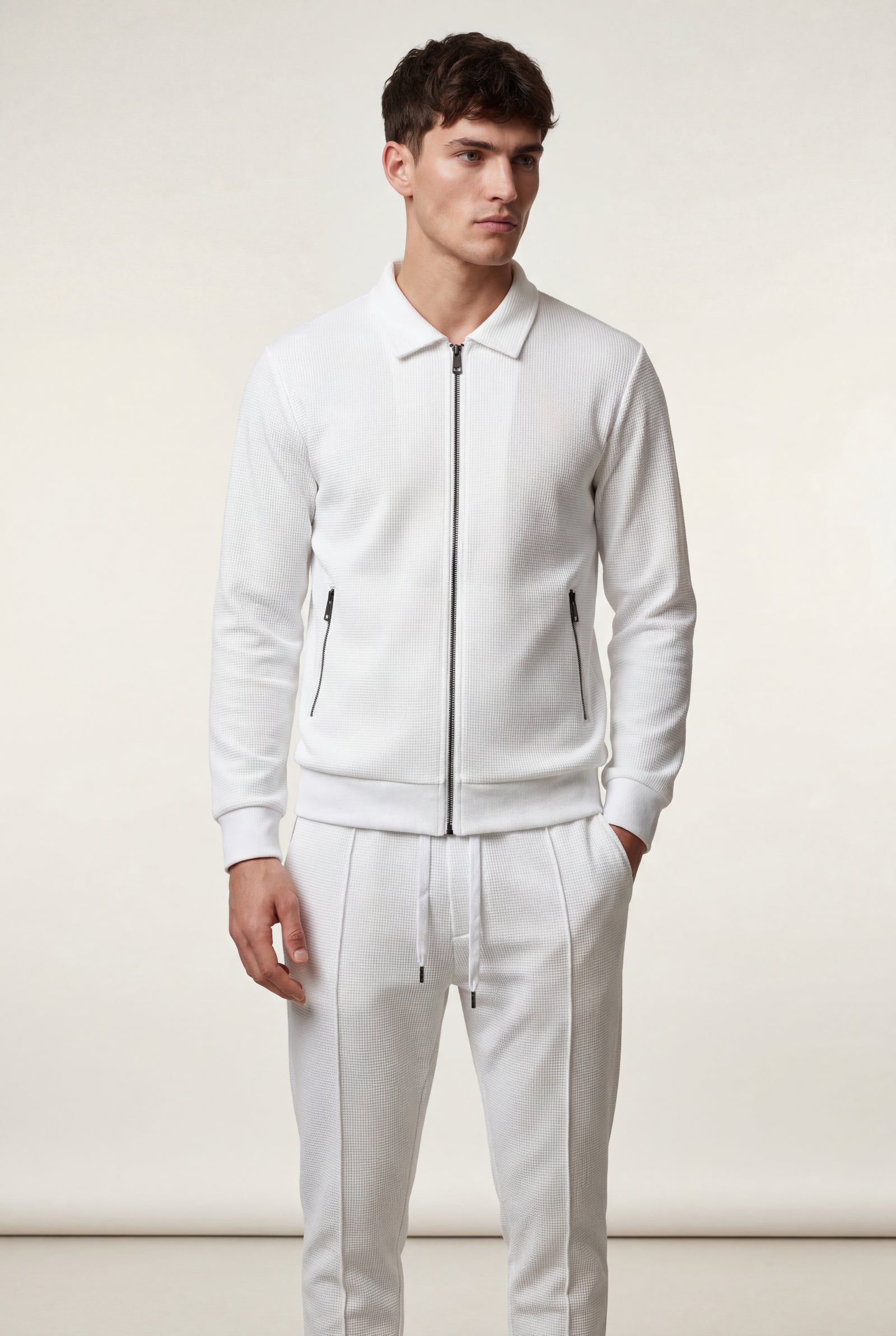 White Ribbed Bomber Jacket and Jogger Athleisure Set - Casual sets - Photo 3