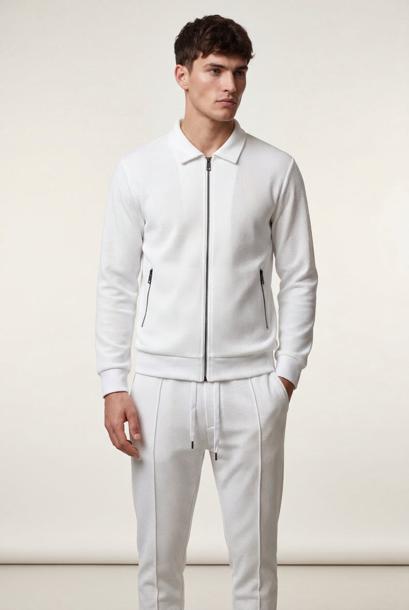 White Ribbed Bomber Jacket and Jogger Athleisure Set - Casual sets - Photo 3