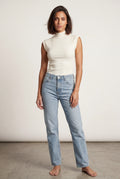White Ribbed Mock Neck Sleeveless Top with Curved Hem - Mock neck tops - Photo 13