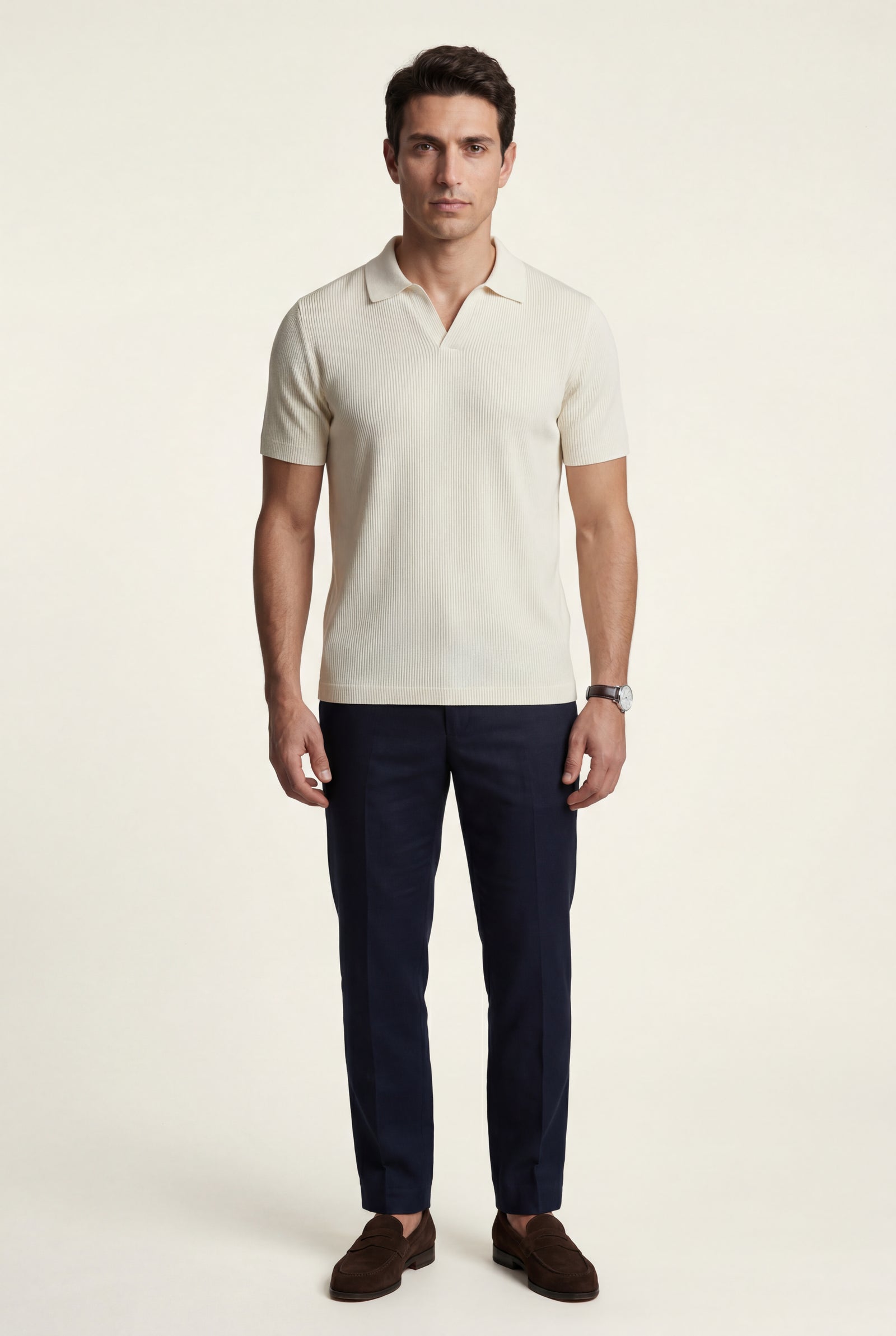 White Ribbed Open Collar Tailored Polo Shirt - Polo shirts - Photo 5