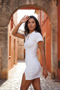White Ribbed Polo Button-placket Bodycon Mini Dress - Photo 12