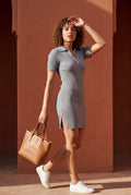 Gray Ribbed Polo Button-placket Bodycon Mini Dress - Photo 8