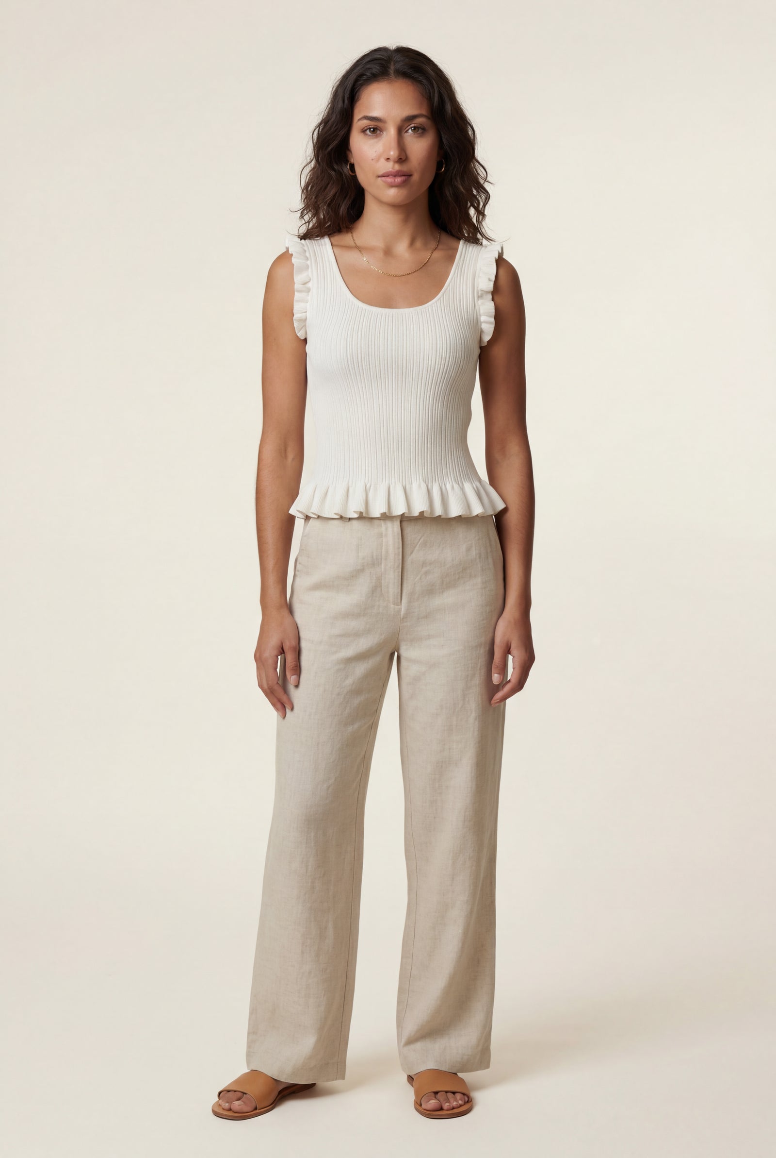 White Ribbed Ruffle Hem Sleeveless Crop Top with Fitted Shape - Ruffle tops - Photo 2
