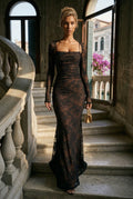 Black Ruched Lace Long Sleeve Maxi Dress - Photo 4