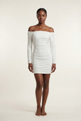 White Ruched Off-shoulder Bodycon Mini Dress with Long Sleeves - Bodycon dress - Photo 1