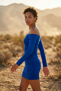 Blue Ruched Off-shoulder Bodycon Mini Dress with Long Sleeves - Bodycon dress - Photo 17
