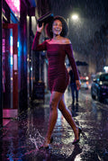 Burgundy Ruched Off-shoulder Bodycon Mini Dress with Long Sleeves - Bodycon dress - Photo 19