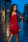 Red Ruched Off-shoulder Bodycon Mini Dress with Long Sleeves - Bodycon dress - Photo 23