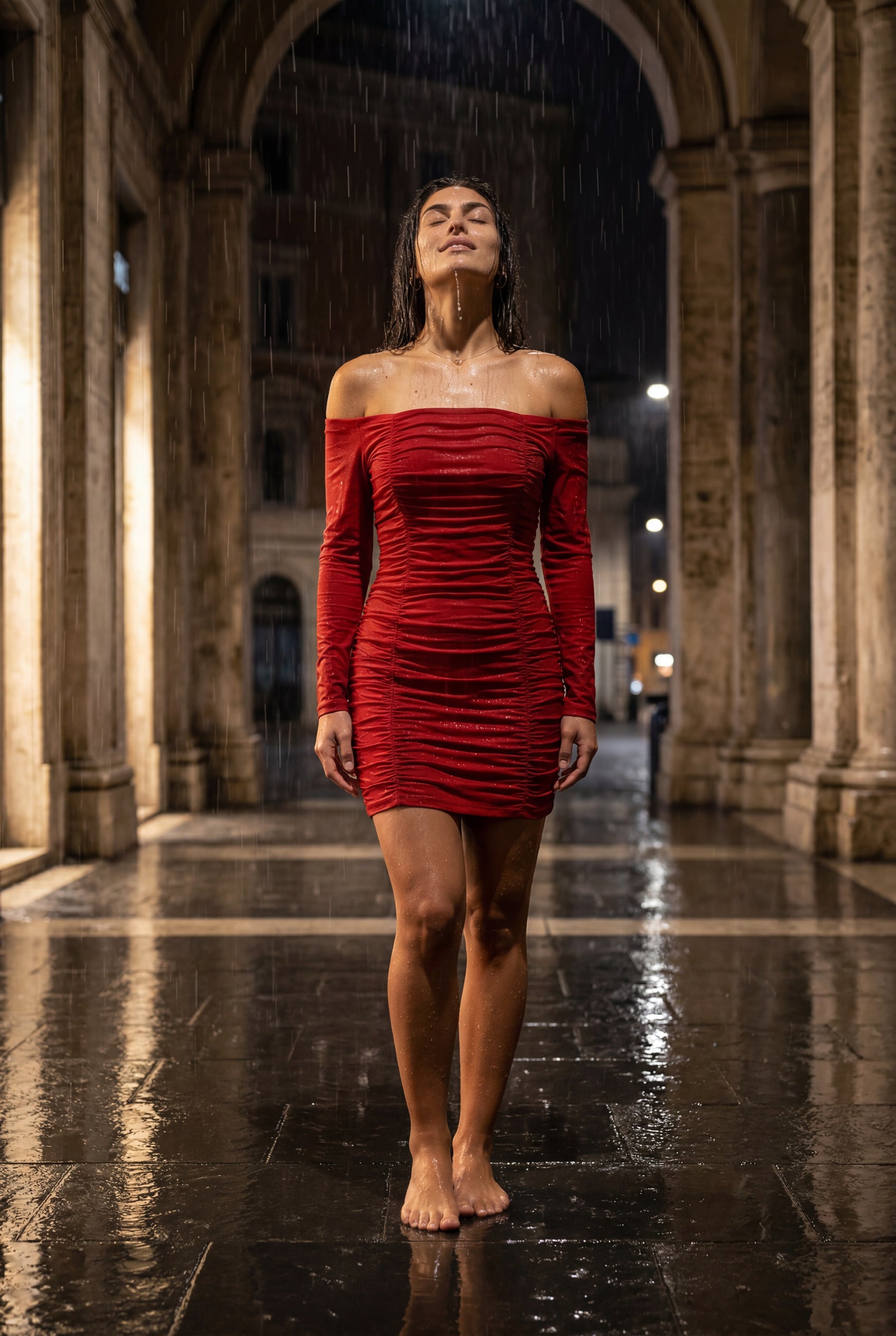 Red Ruched Off-shoulder Bodycon Mini Dress with Long Sleeves - Bodycon dress - Photo 24