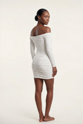 White Ruched Off-shoulder Bodycon Mini Dress with Long Sleeves - Bodycon dress - Photo 3