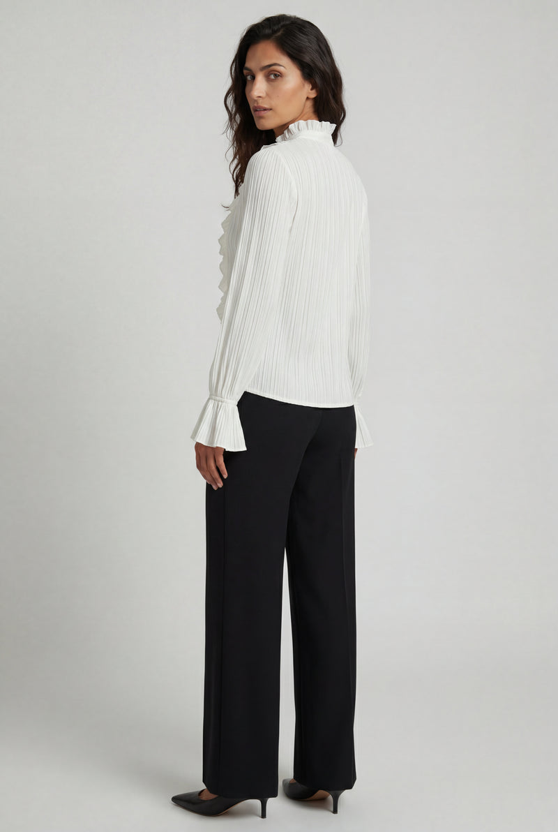 White Ruffled Pleated Blouse with Fluted Cuffs - Blouses - Photo 2