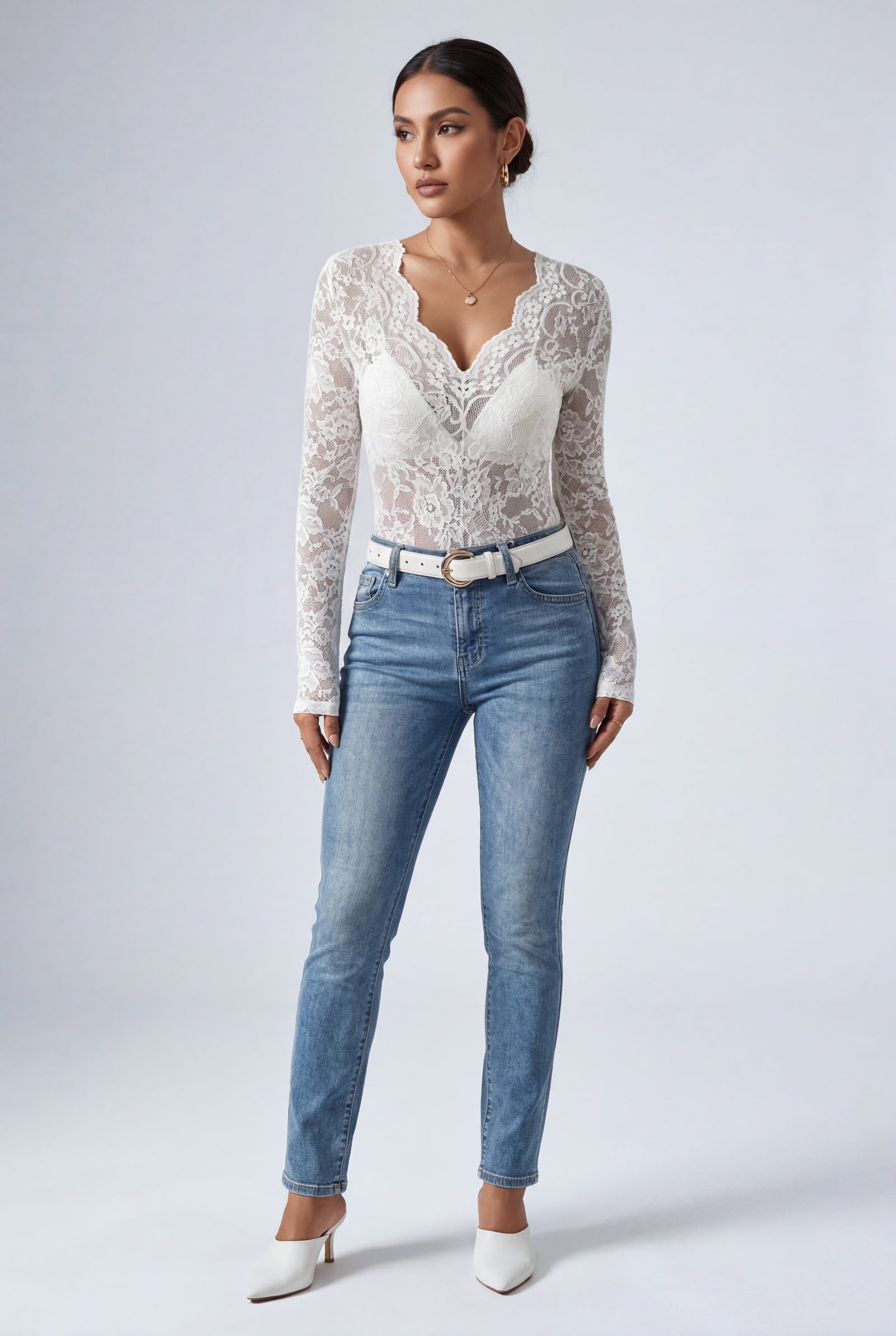 White Scalloped Floral Lace Long Sleeve Bodysuit Top - Lace top - Photo 6