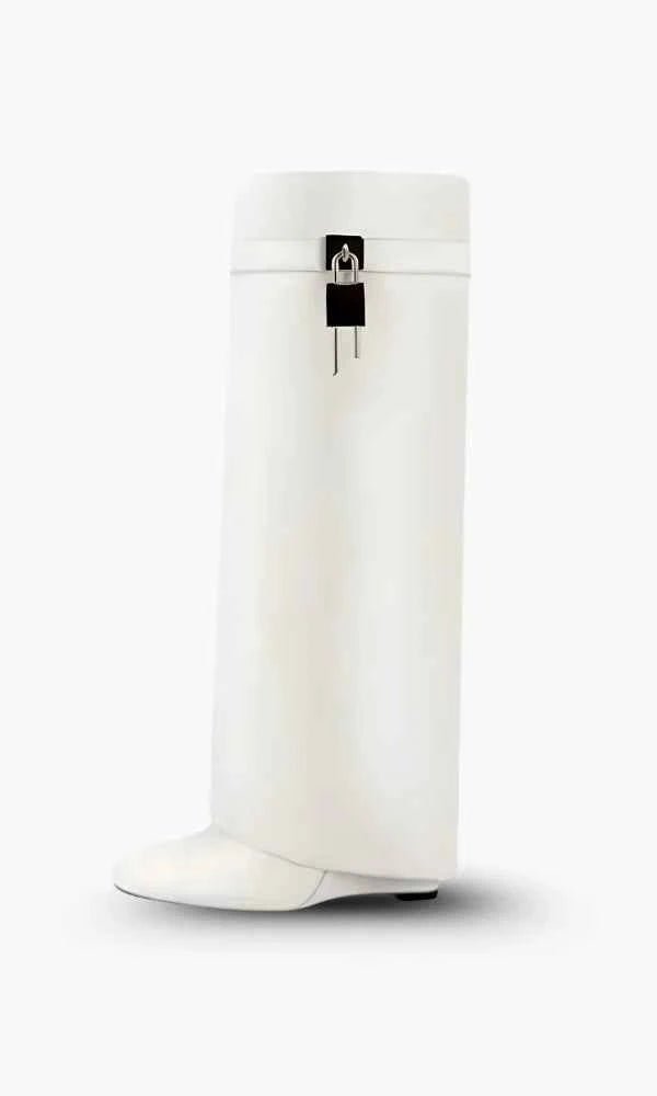 White Sculptural High Shaft Wedge Boots with Padlock Detail - High Shaft Boots - Photo 2
