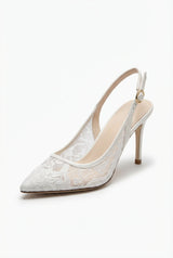 White Sheer Lace Pointed Toe Slingback Bridal Heels - Photo 1