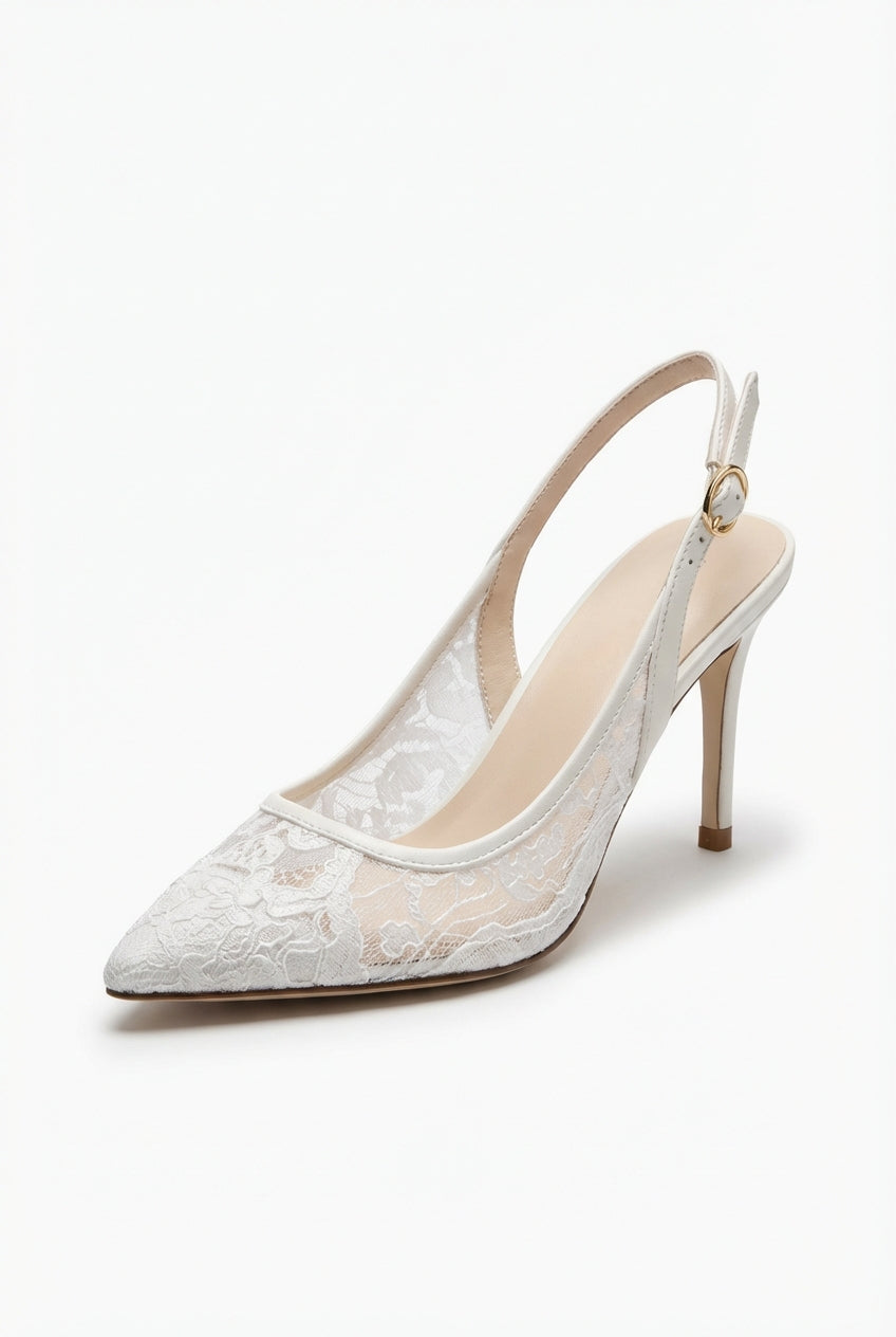 White Sheer Lace Pointed Toe Slingback Bridal Heels - Photo 1